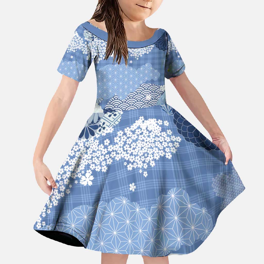 Blue Palaka Japanese Patterns Family Matching Tank Maxi Dress and Hawaiian Shirt Asanoha Seigaiha Sakura Motif LT14 Daughter's Dress Blue - Polynesian Pride