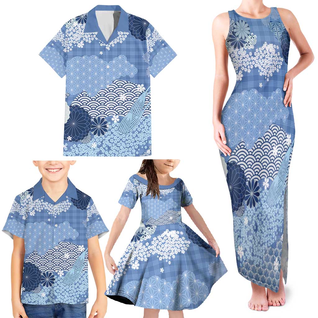Blue Palaka Japanese Patterns Family Matching Tank Maxi Dress and Hawaiian Shirt Asanoha Seigaiha Sakura Motif LT14 - Polynesian Pride