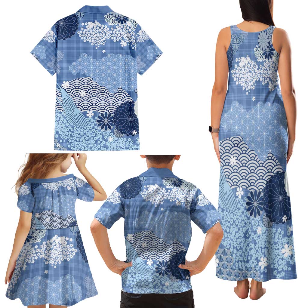 Blue Palaka Japanese Patterns Family Matching Tank Maxi Dress and Hawaiian Shirt Asanoha Seigaiha Sakura Motif LT14 - Polynesian Pride