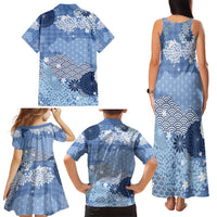 Blue Palaka Japanese Patterns Family Matching Tank Maxi Dress and Hawaiian Shirt Asanoha Seigaiha Sakura Motif LT14 - Polynesian Pride