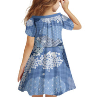 Blue Palaka Japanese Patterns Kid Short Sleeve Dress Asanoha Seigaiha Sakura Motif - Polynesian Pride