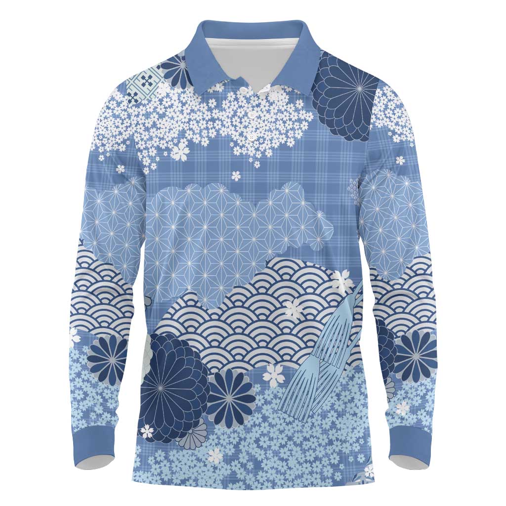 Blue Palaka Japanese Patterns Long Sleeve Polo Shirt Asanoha Seigaiha Sakura Motif LT14 Blue - Polynesian Pride