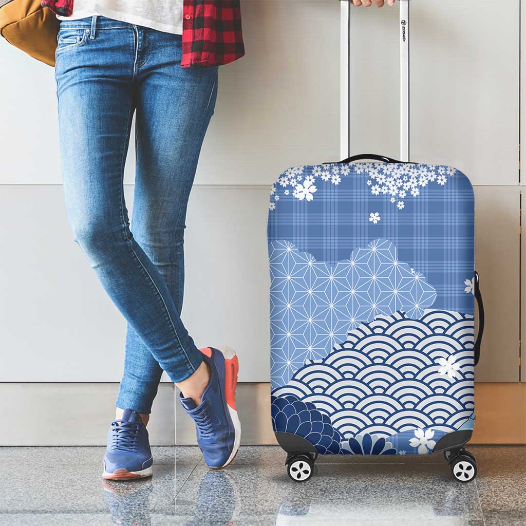Blue Palaka Japanese Patterns Luggage Cover Asanoha Seigaiha Sakura Motif - Polynesian Pride