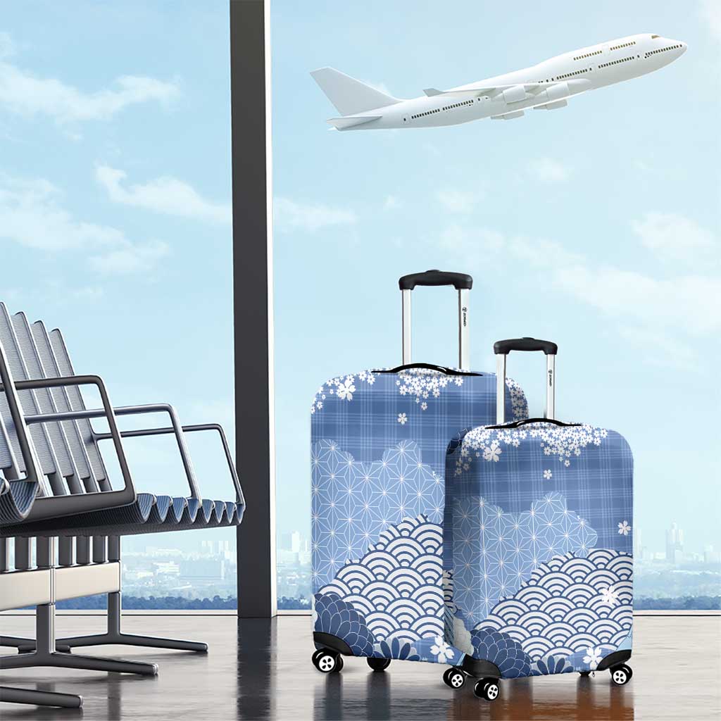 Blue Palaka Japanese Patterns Luggage Cover Asanoha Seigaiha Sakura Motif - Polynesian Pride