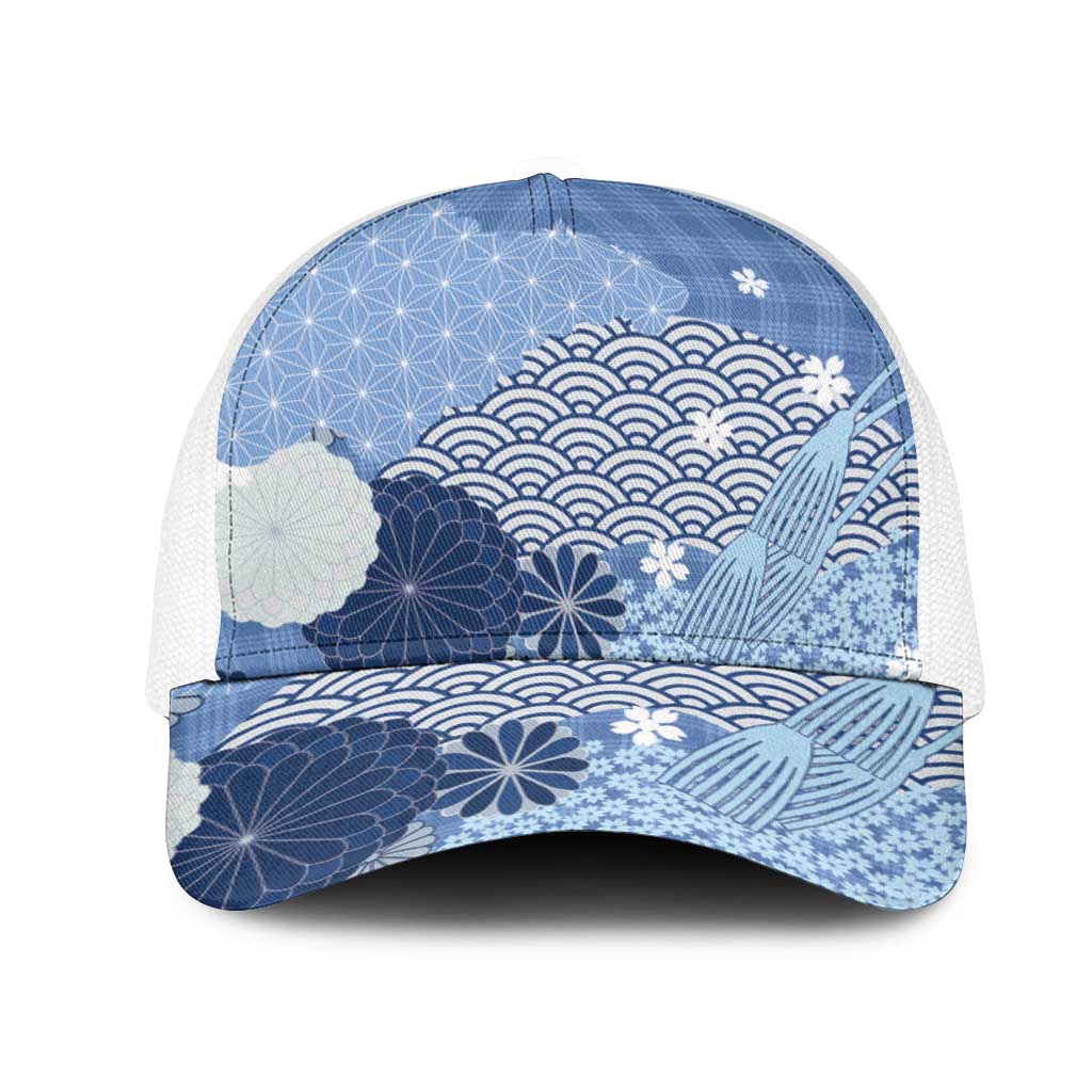 Blue Japanese Traditional Motifs Mesh Trucker Cap Palaka With Asanoha Seigaiha Sakura - Polynesian Pride