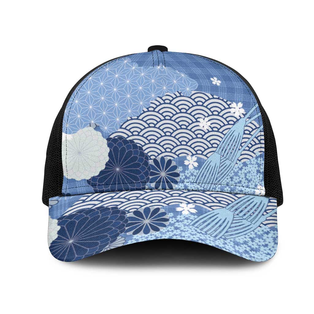 Blue Japanese Traditional Motifs Mesh Trucker Cap Palaka With Asanoha Seigaiha Sakura - Polynesian Pride
