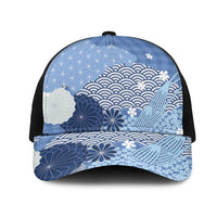 Blue Japanese Traditional Motifs Mesh Trucker Cap Palaka With Asanoha Seigaiha Sakura - Polynesian Pride