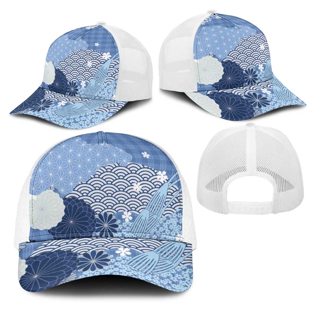 Blue Japanese Traditional Motifs Mesh Trucker Cap Palaka With Asanoha Seigaiha Sakura - Polynesian Pride