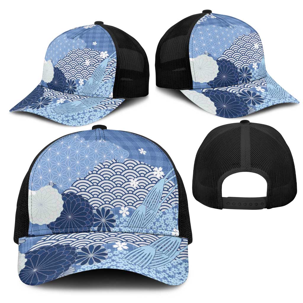 Blue Japanese Traditional Motifs Mesh Trucker Cap Palaka With Asanoha Seigaiha Sakura - Polynesian Pride