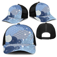 Blue Japanese Traditional Motifs Mesh Trucker Cap Palaka With Asanoha Seigaiha Sakura - Polynesian Pride