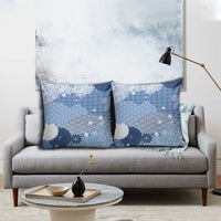 Blue Palaka Japanese Patterns Pillow Cover Asanoha Seigaiha Sakura Motif - Polynesian Pride