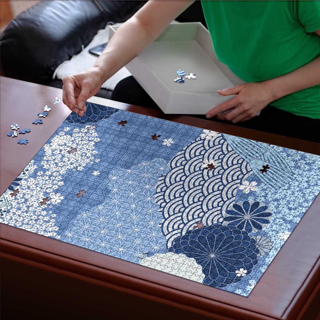 Blue Palaka Japanese Patterns Puzzle Asanoha Seigaiha Sakura Motif - Polynesian Pride