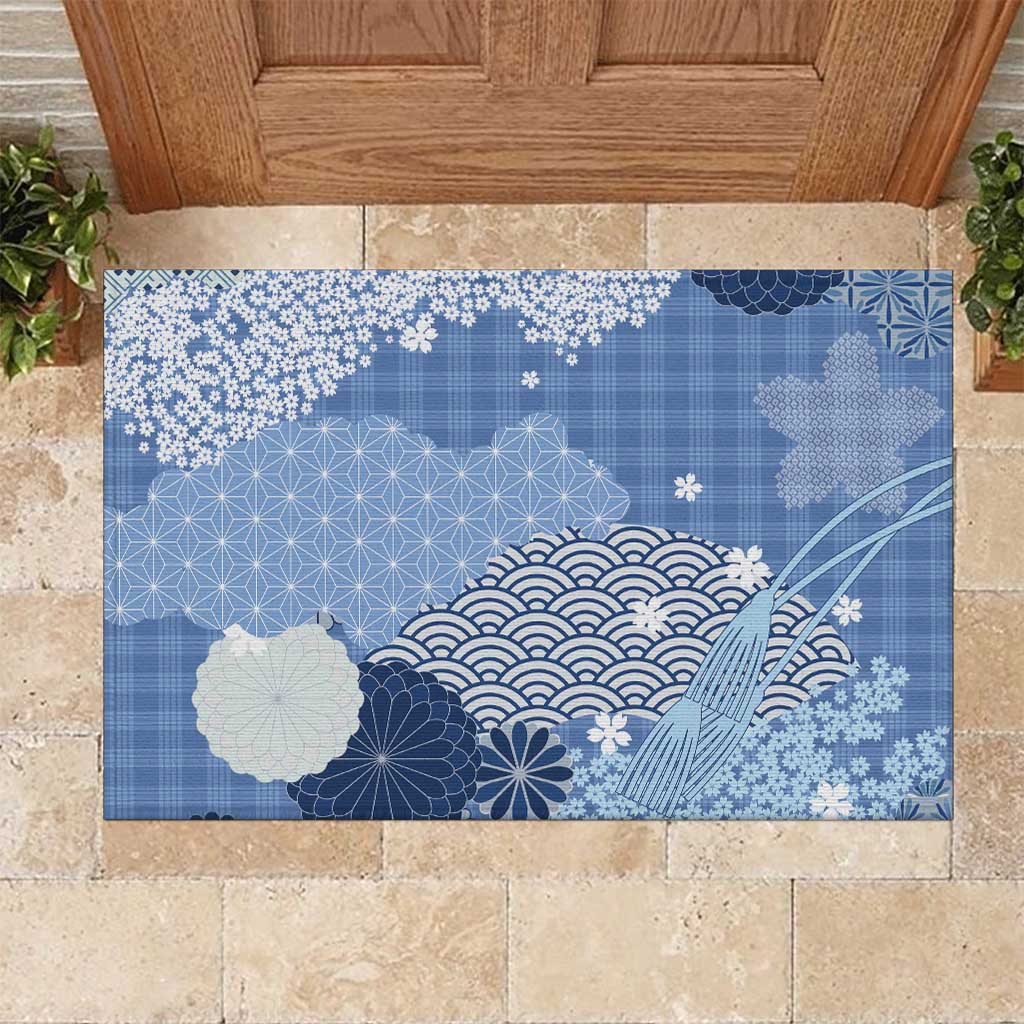 Blue Palaka Japanese Patterns Rubber Doormat Asanoha Seigaiha Sakura Motif LT14 Blue - Polynesian Pride