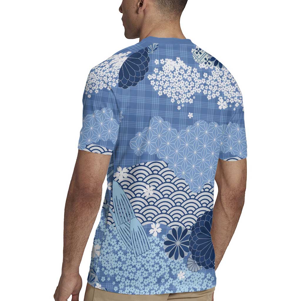 Blue Palaka Japanese Patterns Rugby Jersey Asanoha Seigaiha Sakura Motif - Polynesian Pride