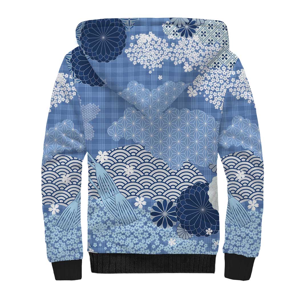 Blue Palaka Japanese Patterns Sherpa Hoodie Asanoha Seigaiha Sakura Motif LT14 - Polynesian Pride