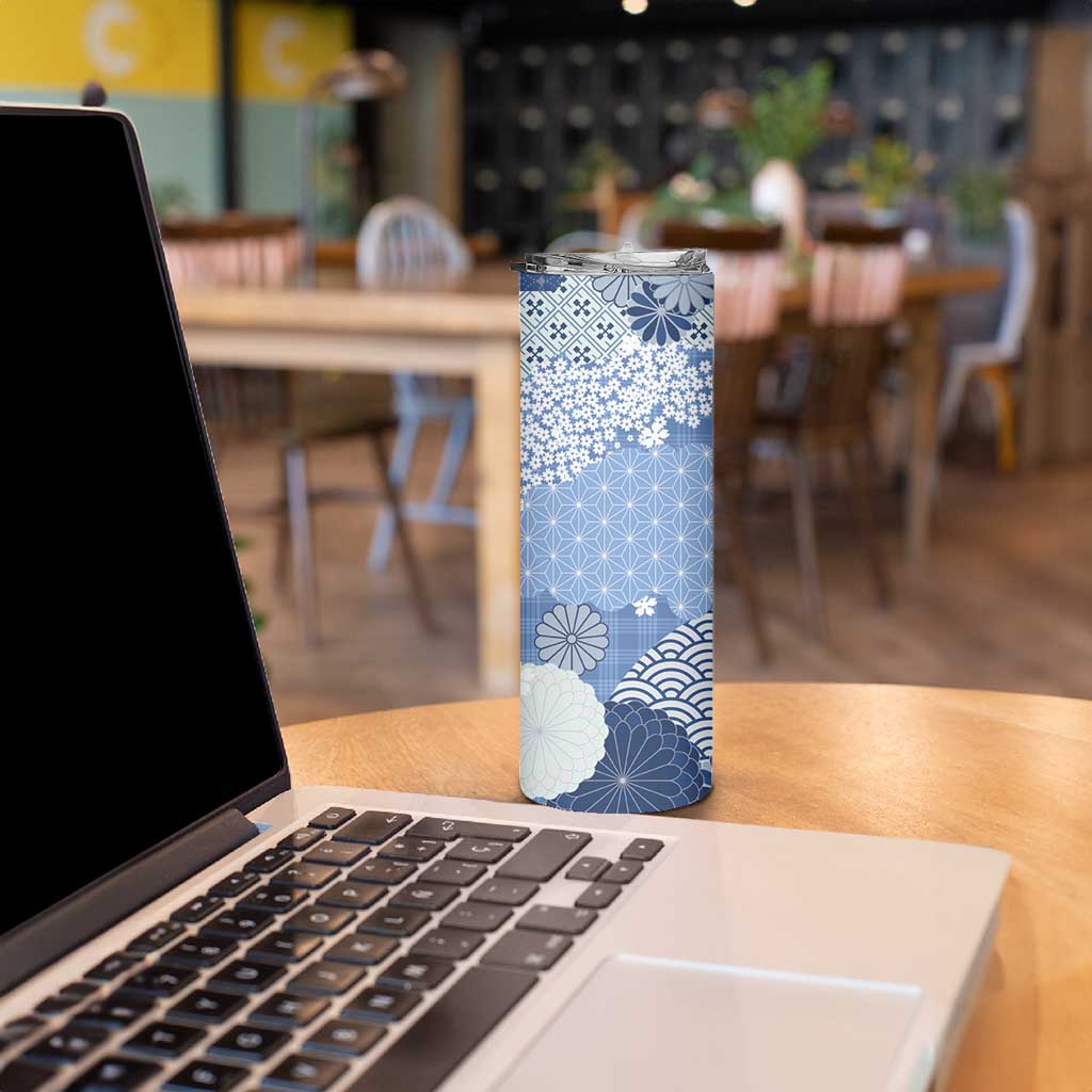 Blue Palaka Japanese Patterns Skinny Tumbler Asanoha Seigaiha Sakura Motif - Polynesian Pride