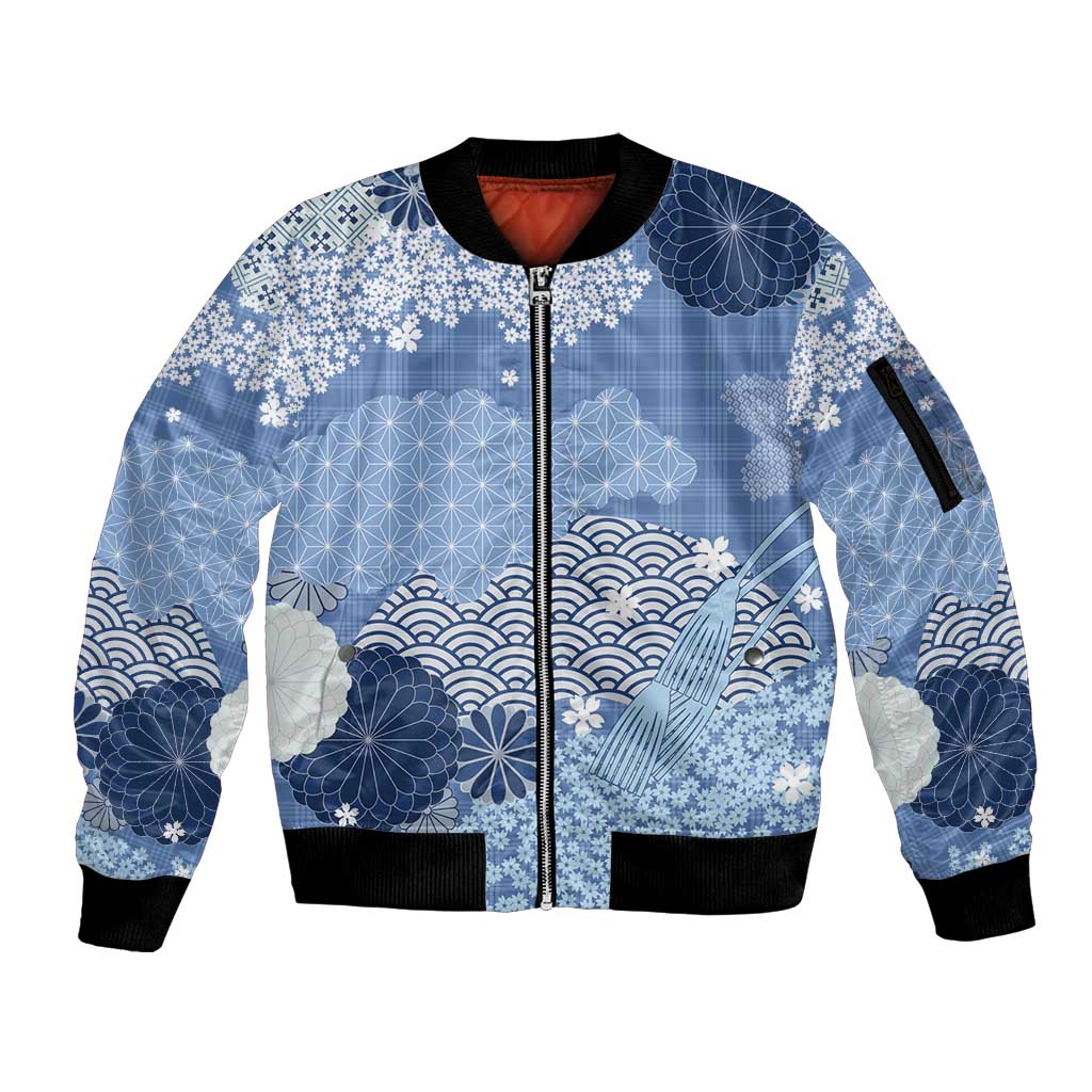 Blue Palaka Japanese Patterns Sleeve Zip Bomber Jacket Asanoha Seigaiha Sakura Motif LT14 Unisex Blue - Polynesian Pride