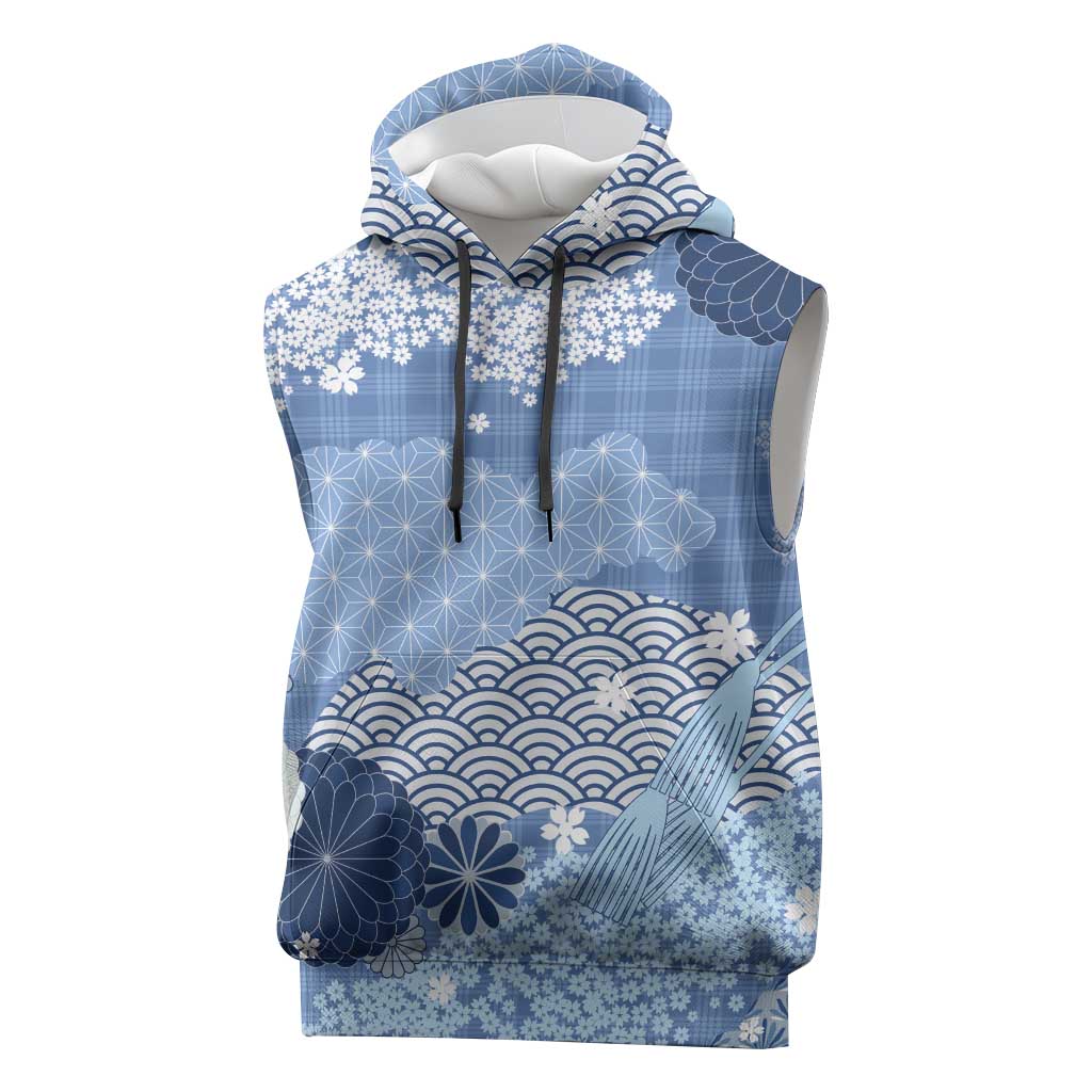 Blue Palaka Japanese Patterns Sleeveless Hoodie Asanoha Seigaiha Sakura Motif LT14 Blue - Polynesian Pride