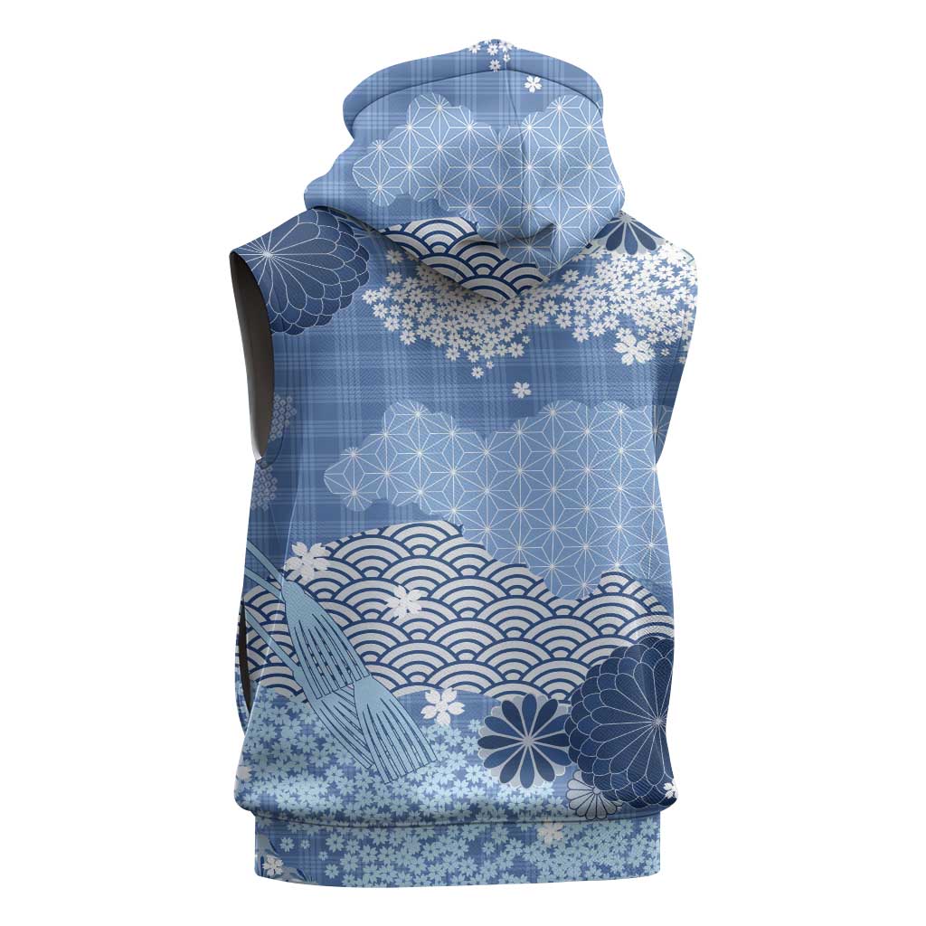 Blue Palaka Japanese Patterns Sleeveless Zip Hoodie Asanoha Seigaiha Sakura Motif - Polynesian Pride