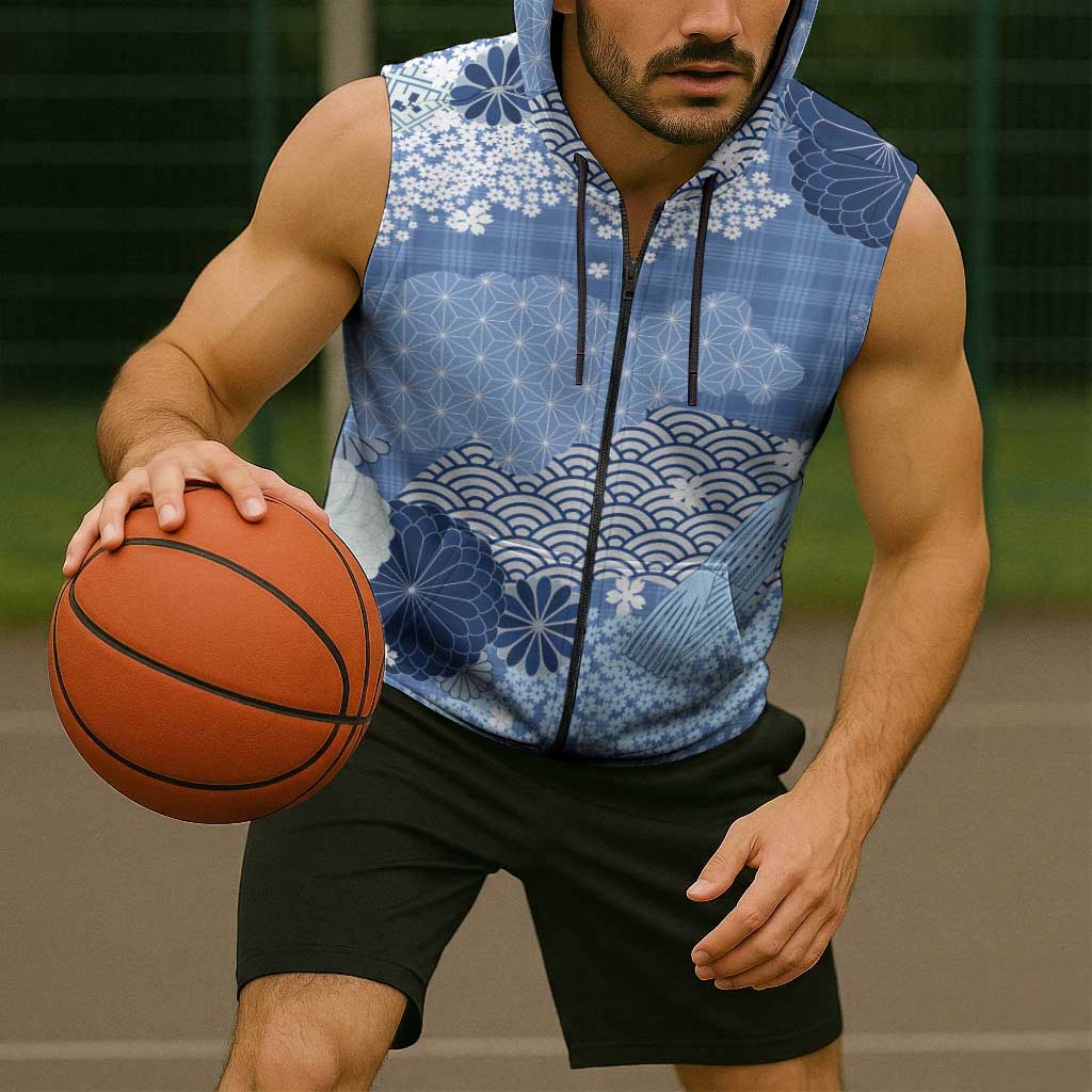 Blue Palaka Japanese Patterns Sleeveless Zip Hoodie Asanoha Seigaiha Sakura Motif - Polynesian Pride