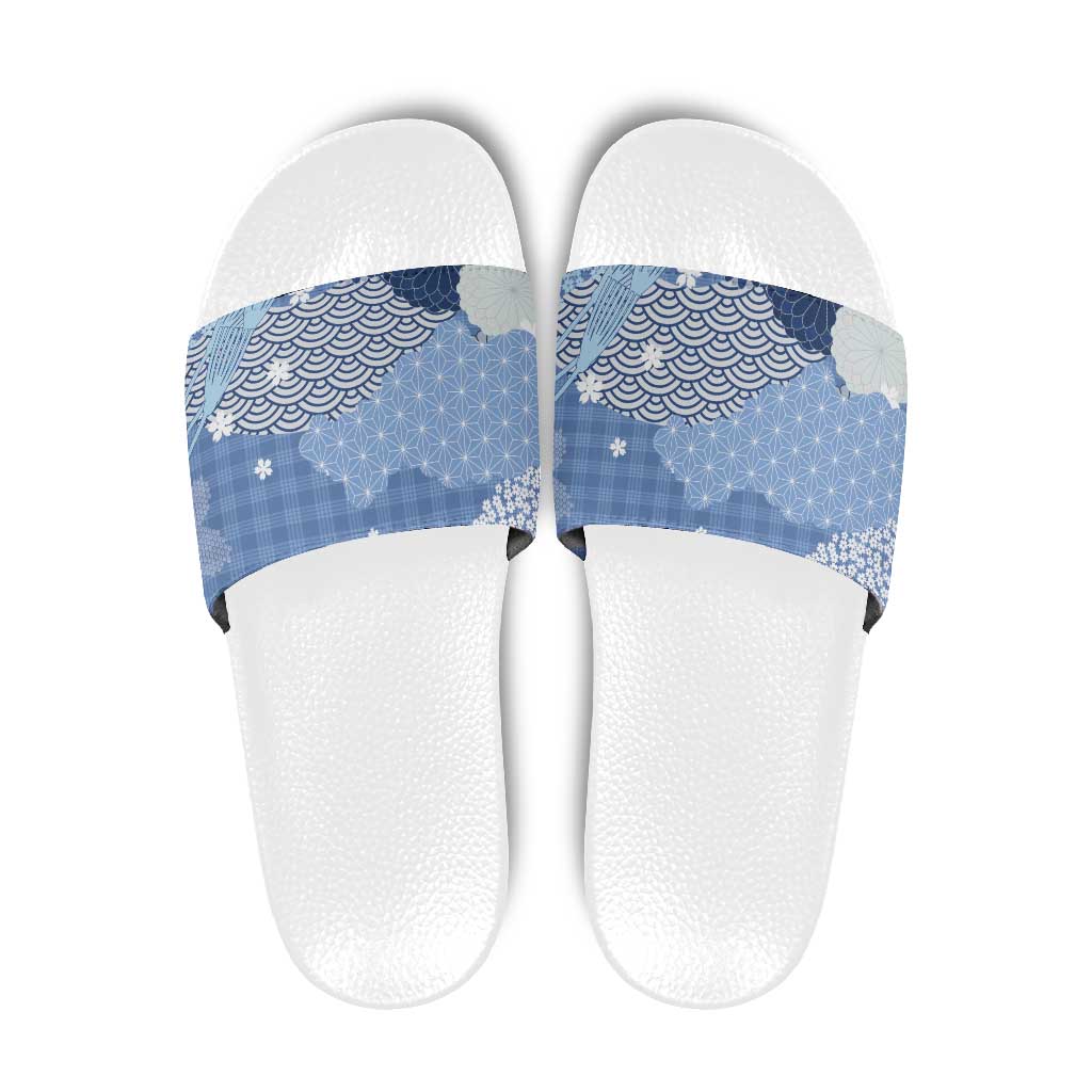 Blue Palaka Japanese Patterns Slide Sandals Asanoha Seigaiha Sakura Motif - Polynesian Pride