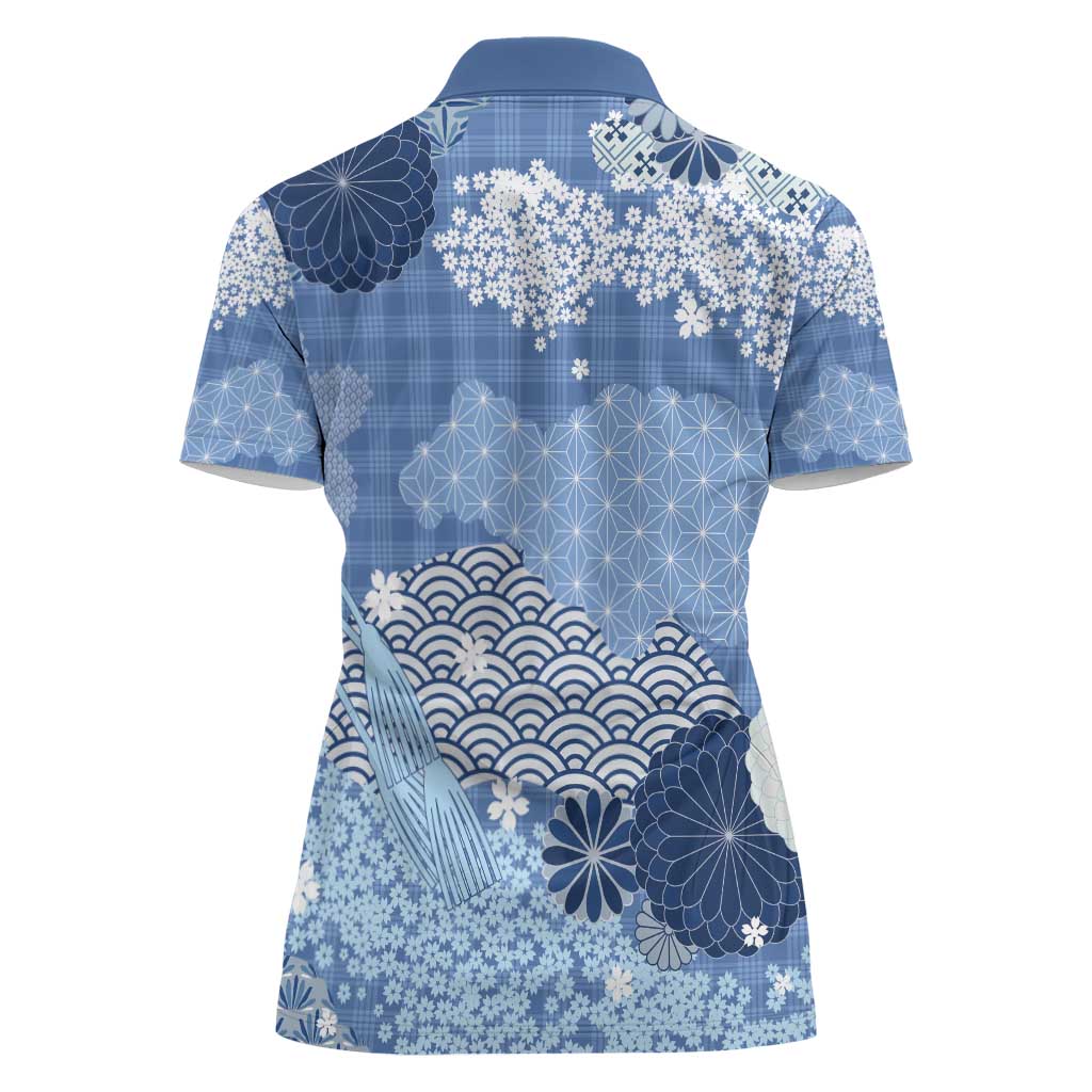Blue Palaka Japanese Patterns Women Polo Shirt Asanoha Seigaiha Sakura Motif - Polynesian Pride