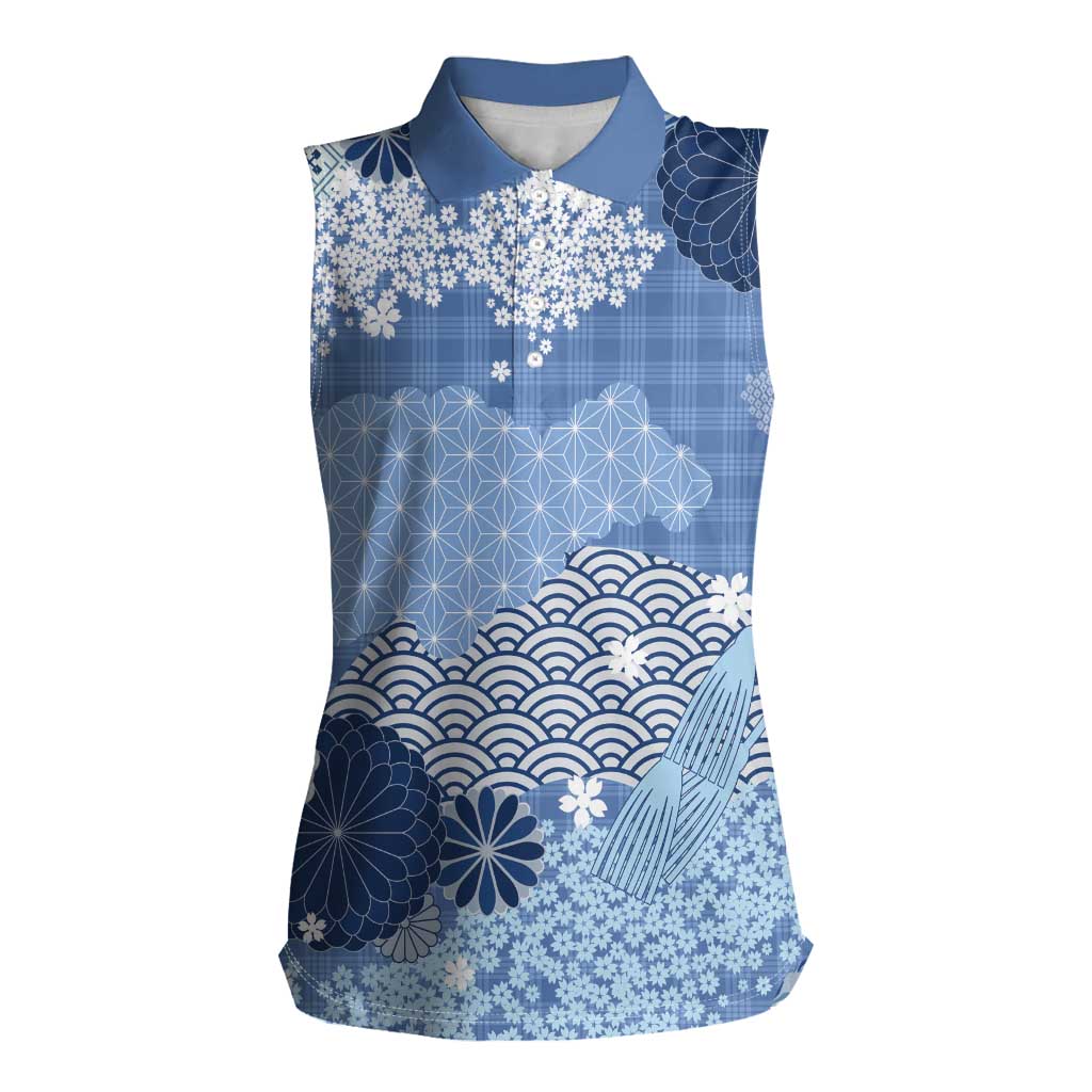 Blue Palaka Japanese Patterns Women Sleeveless Polo Shirt Asanoha Seigaiha Sakura Motif LT14 Female Blue - Polynesian Pride
