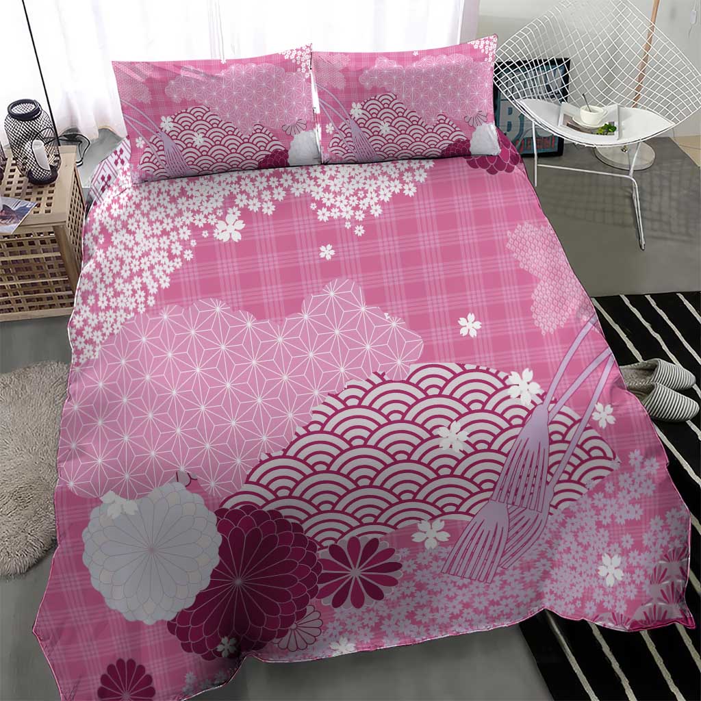 Pink Palaka Japanese Patterns Bedding Set Asanoha Seigaiha Sakura Motif - Polynesian Pride