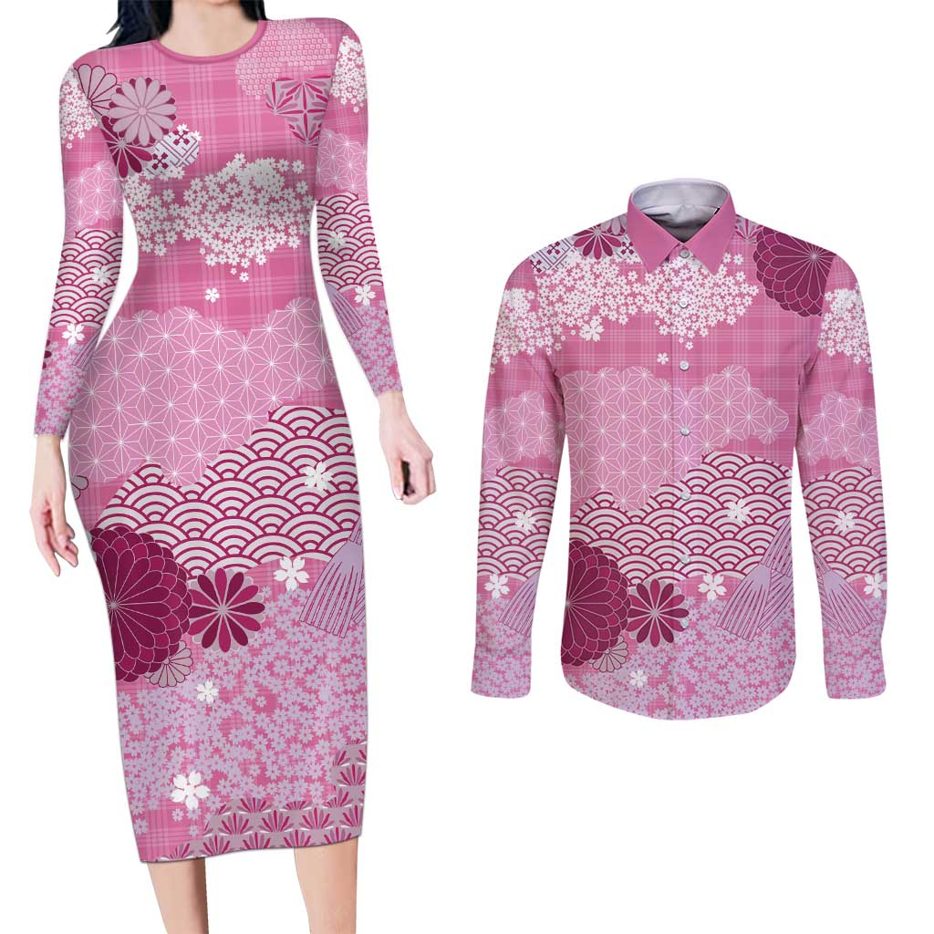 Pink Palaka Japanese Patterns Couples Matching Long Sleeve Bodycon Dress and Long Sleeve Button Shirt Asanoha Seigaiha Sakura Motif LT14 Pink - Polynesian Pride
