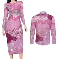 Pink Palaka Japanese Patterns Couples Matching Long Sleeve Bodycon Dress and Long Sleeve Button Shirt Asanoha Seigaiha Sakura Motif LT14 Pink - Polynesian Pride