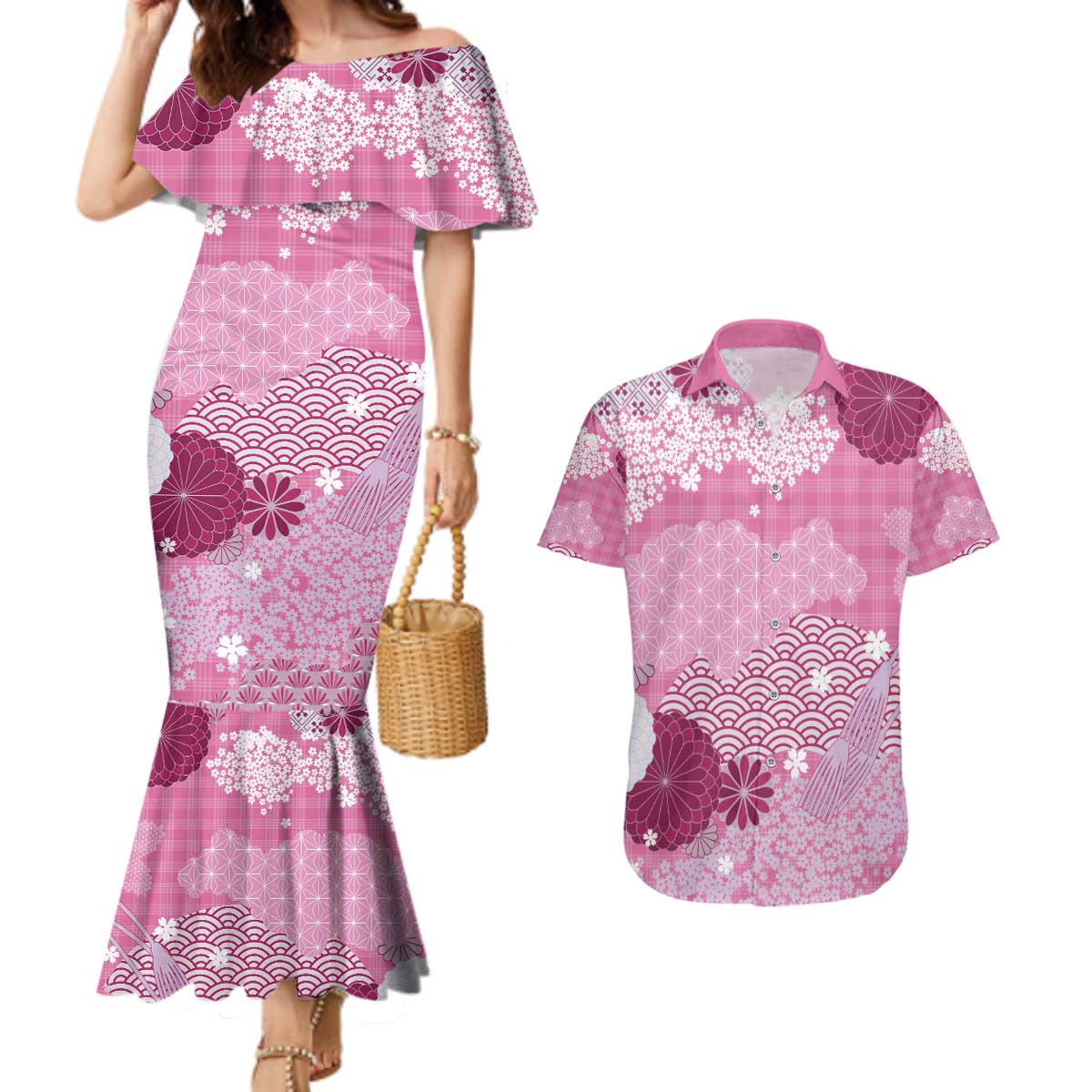 Pink Palaka Japanese Patterns Couples Matching Mermaid Dress and Hawaiian Shirt Asanoha Seigaiha Sakura Motif LT14 Pink - Polynesian Pride