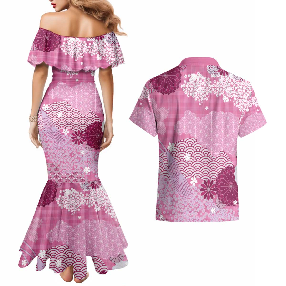 Pink Palaka Japanese Patterns Couples Matching Mermaid Dress and Hawaiian Shirt Asanoha Seigaiha Sakura Motif LT14 - Polynesian Pride