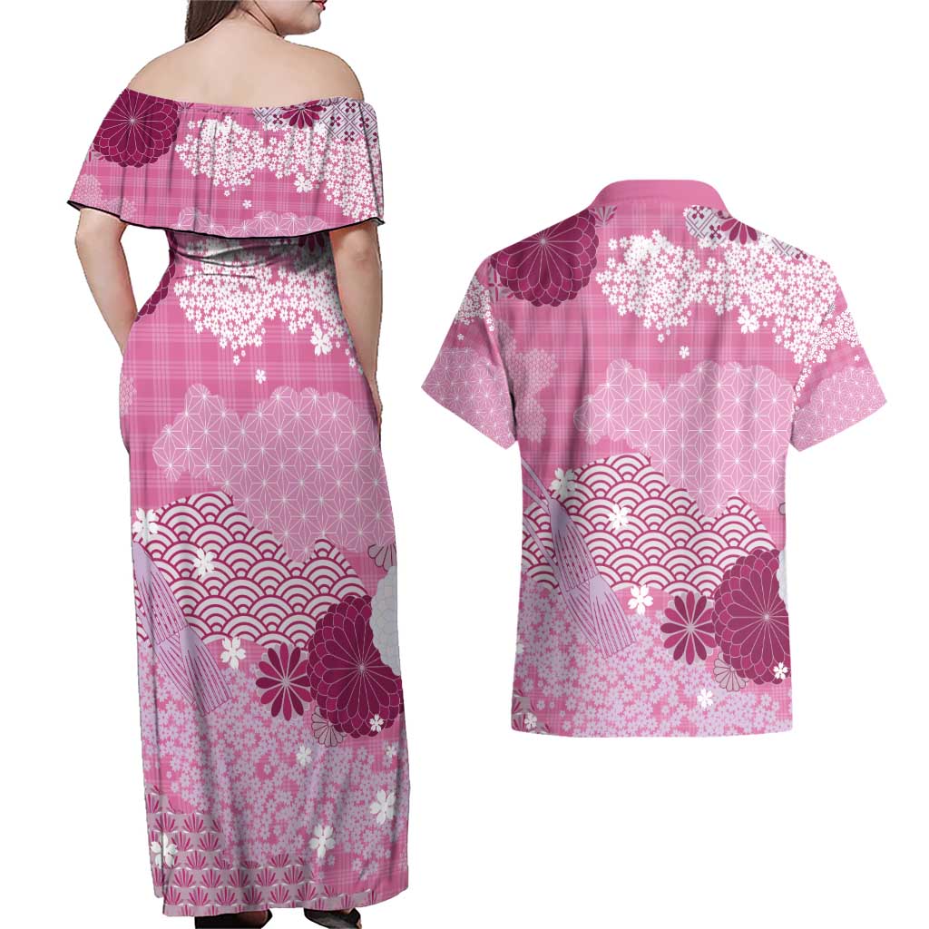 Pink Palaka Japanese Patterns Couples Matching Off Shoulder Maxi Dress and Hawaiian Shirt Asanoha Seigaiha Sakura Motif LT14 - Polynesian Pride