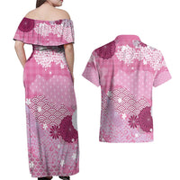 Pink Palaka Japanese Patterns Couples Matching Off Shoulder Maxi Dress and Hawaiian Shirt Asanoha Seigaiha Sakura Motif LT14 - Polynesian Pride