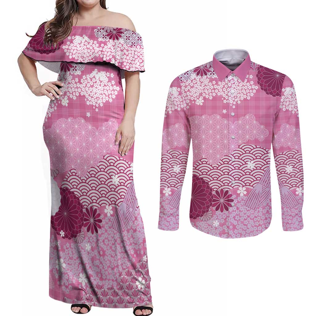 Pink Palaka Japanese Patterns Couples Matching Off Shoulder Maxi Dress and Long Sleeve Button Shirt Asanoha Seigaiha Sakura Motif LT14 Pink - Polynesian Pride