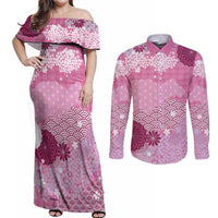 Pink Palaka Japanese Patterns Couples Matching Off Shoulder Maxi Dress and Long Sleeve Button Shirt Asanoha Seigaiha Sakura Motif LT14 Pink - Polynesian Pride