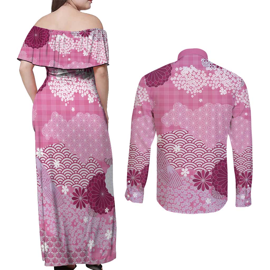Pink Palaka Japanese Patterns Couples Matching Off Shoulder Maxi Dress and Long Sleeve Button Shirt Asanoha Seigaiha Sakura Motif LT14 - Polynesian Pride