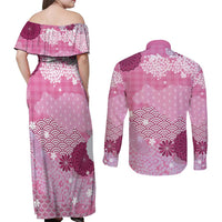 Pink Palaka Japanese Patterns Couples Matching Off Shoulder Maxi Dress and Long Sleeve Button Shirt Asanoha Seigaiha Sakura Motif LT14 - Polynesian Pride