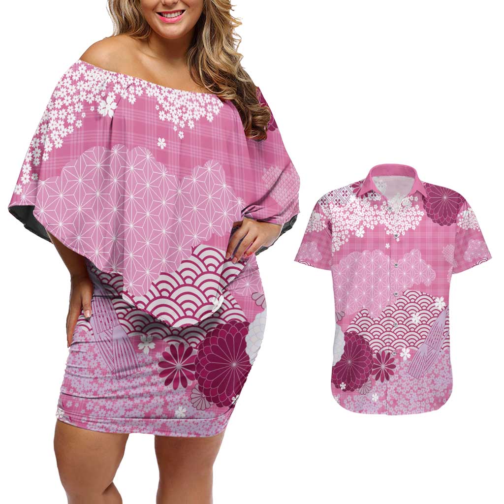Pink Palaka Japanese Patterns Couples Matching Off Shoulder Short Dress and Hawaiian Shirt Asanoha Seigaiha Sakura Motif LT14 Pink - Polynesian Pride