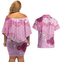 Pink Palaka Japanese Patterns Couples Matching Off Shoulder Short Dress and Hawaiian Shirt Asanoha Seigaiha Sakura Motif LT14 - Polynesian Pride