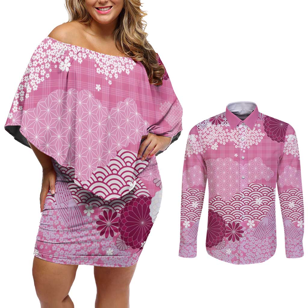 Pink Palaka Japanese Patterns Couples Matching Off Shoulder Short Dress and Long Sleeve Button Shirt Asanoha Seigaiha Sakura Motif LT14 Pink - Polynesian Pride