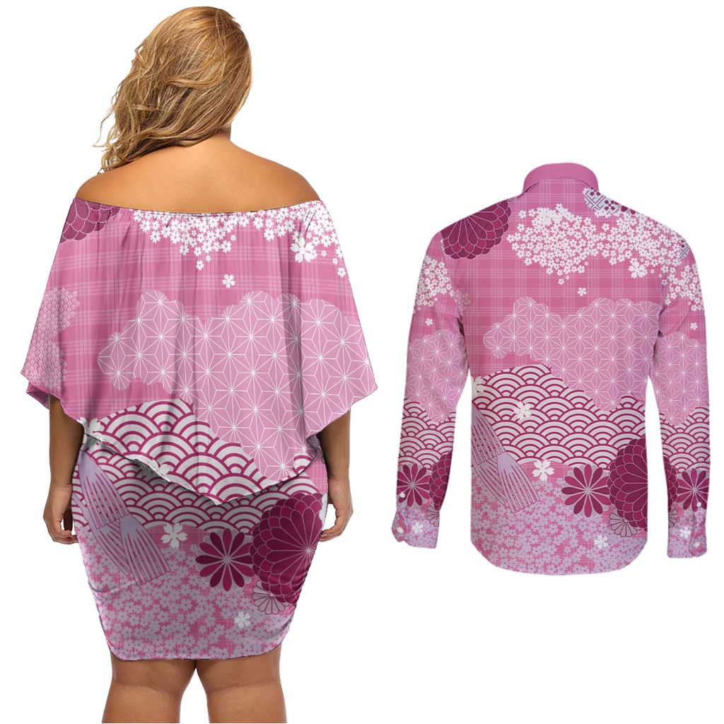 Pink Palaka Japanese Patterns Couples Matching Off Shoulder Short Dress and Long Sleeve Button Shirt Asanoha Seigaiha Sakura Motif LT14 - Polynesian Pride