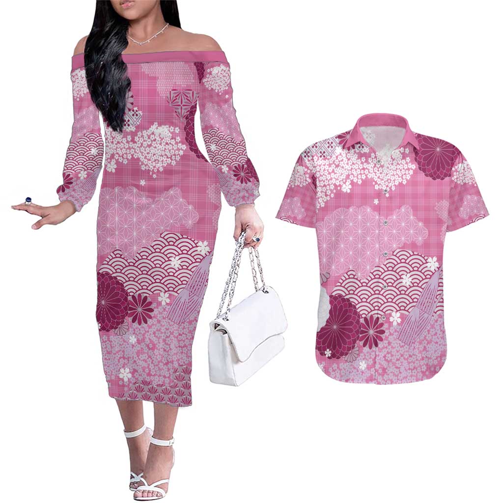 Pink Palaka Japanese Patterns Couples Matching Off The Shoulder Long Sleeve Dress and Hawaiian Shirt Asanoha Seigaiha Sakura Motif LT14 Pink - Polynesian Pride