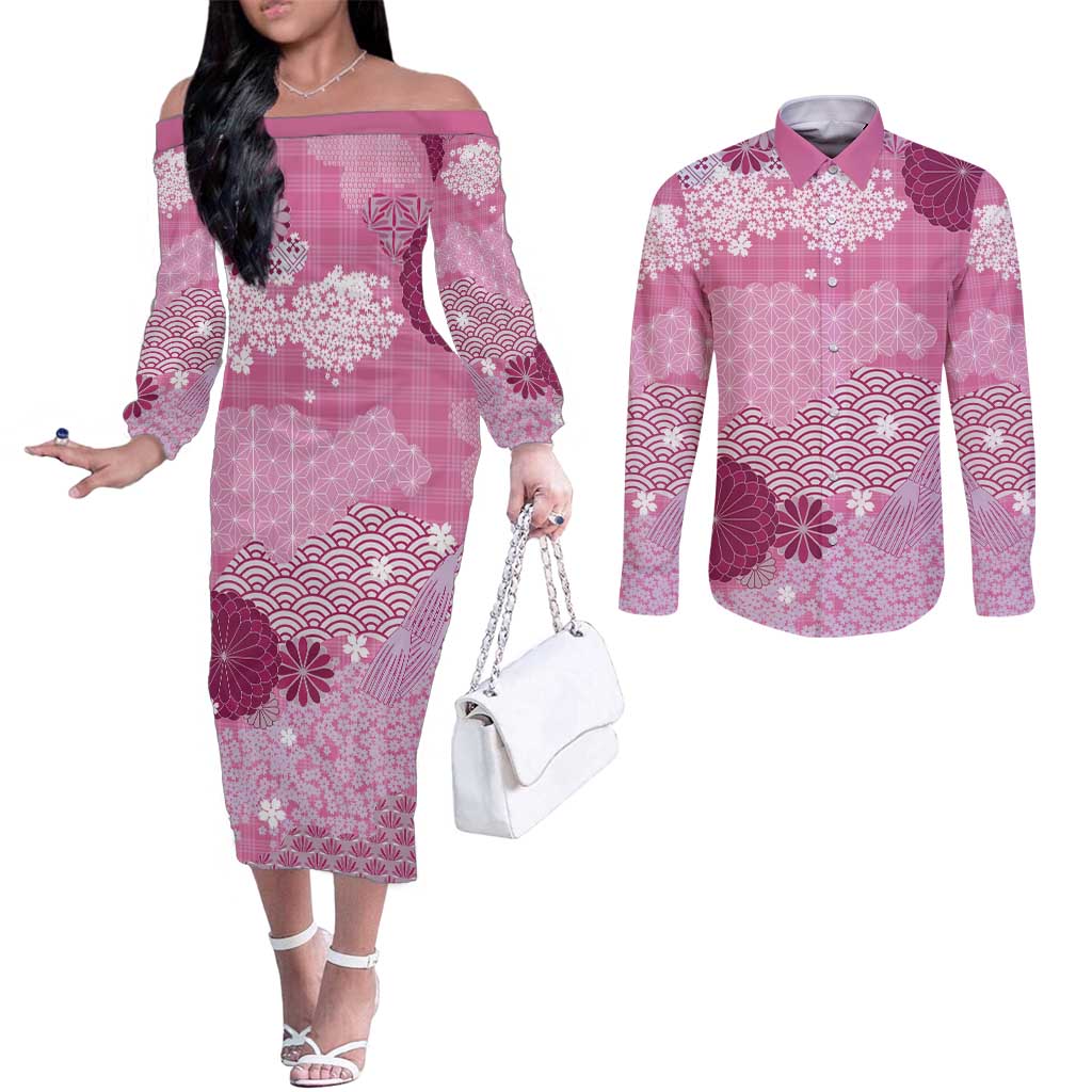 Pink Palaka Japanese Patterns Couples Matching Off The Shoulder Long Sleeve Dress and Long Sleeve Button Shirt Asanoha Seigaiha Sakura Motif LT14 Pink - Polynesian Pride