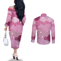 Pink Palaka Japanese Patterns Couples Matching Off The Shoulder Long Sleeve Dress and Long Sleeve Button Shirt Asanoha Seigaiha Sakura Motif LT14 - Polynesian Pride