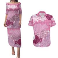 Pink Palaka Japanese Patterns Couples Matching Puletasi and Hawaiian Shirt Asanoha Seigaiha Sakura Motif LT14 Pink - Polynesian Pride