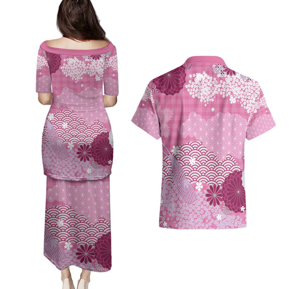 Pink Palaka Japanese Patterns Couples Matching Puletasi and Hawaiian Shirt Asanoha Seigaiha Sakura Motif LT14 - Polynesian Pride