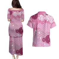 Pink Palaka Japanese Patterns Couples Matching Puletasi and Hawaiian Shirt Asanoha Seigaiha Sakura Motif LT14 - Polynesian Pride