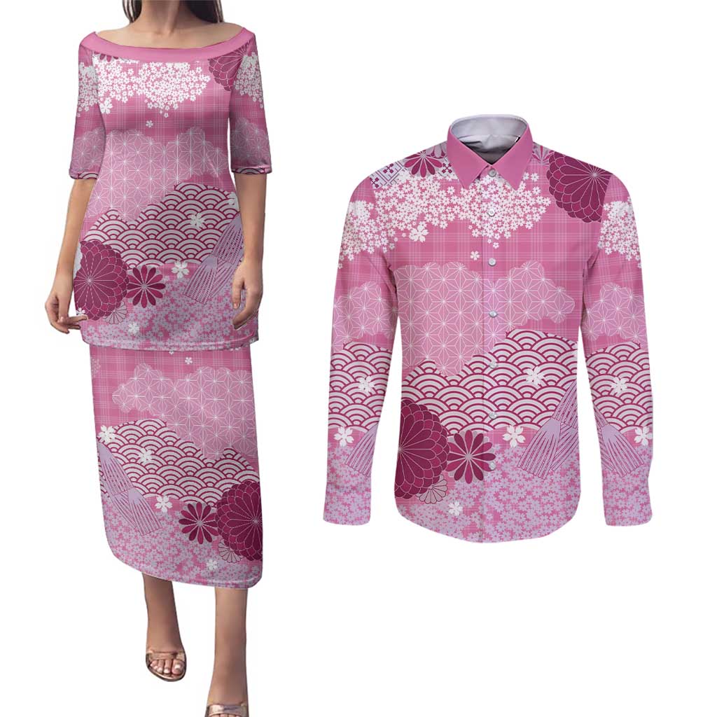 Pink Palaka Japanese Patterns Couples Matching Puletasi and Long Sleeve Button Shirt Asanoha Seigaiha Sakura Motif LT14 Pink - Polynesian Pride