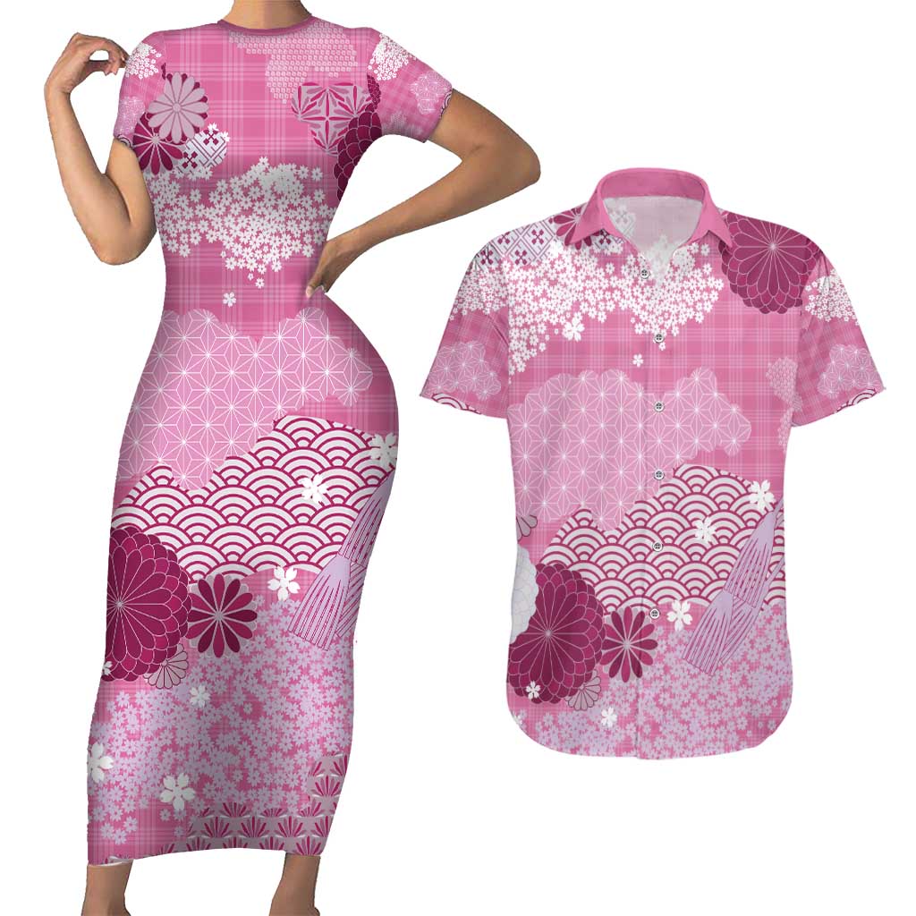 Pink Palaka Japanese Patterns Couples Matching Short Sleeve Bodycon Dress and Hawaiian Shirt Asanoha Seigaiha Sakura Motif LT14 Pink - Polynesian Pride